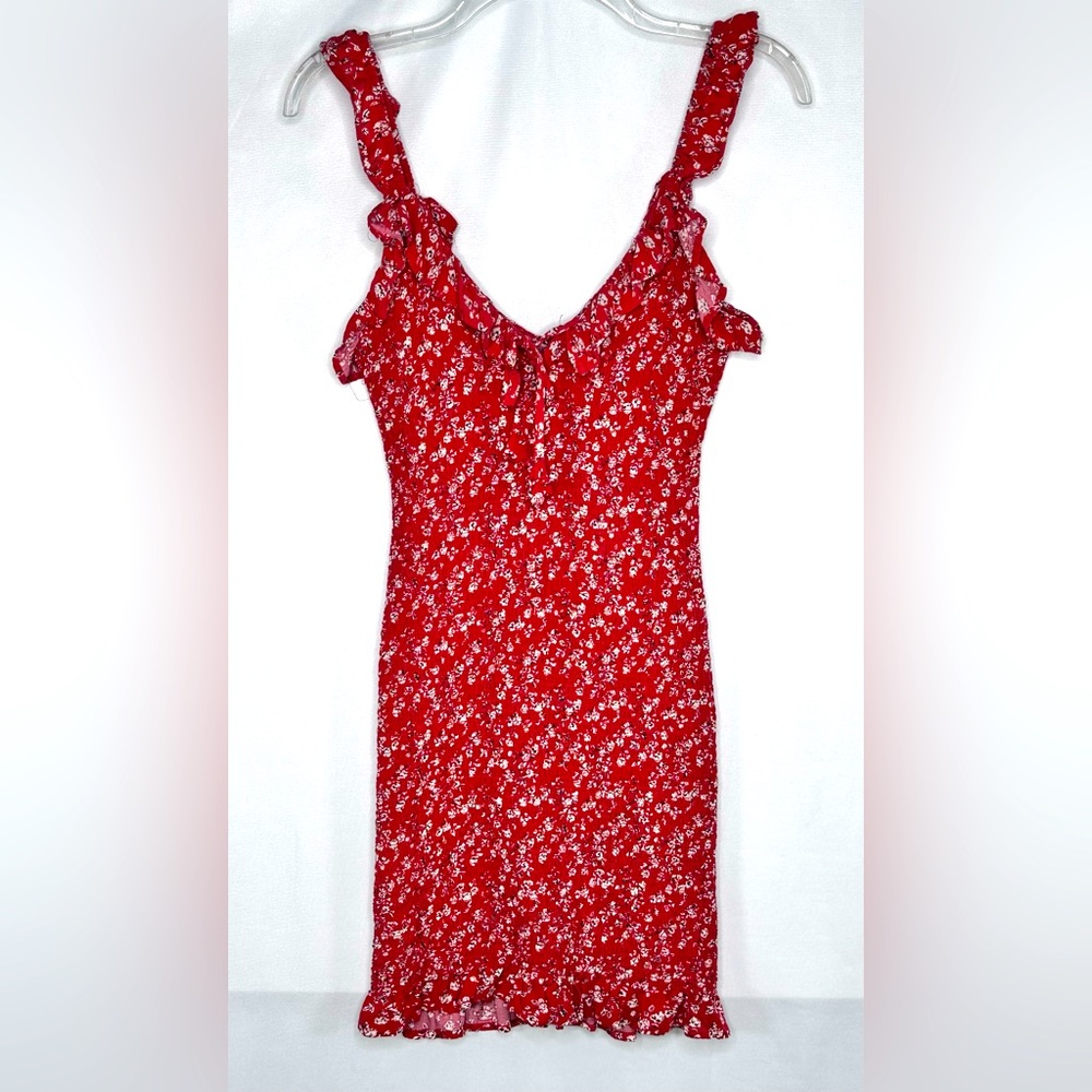 Japna Bodycon Smocked Stretch Dress Mini Ditsy Red Floral Ruffle Boho Sz M